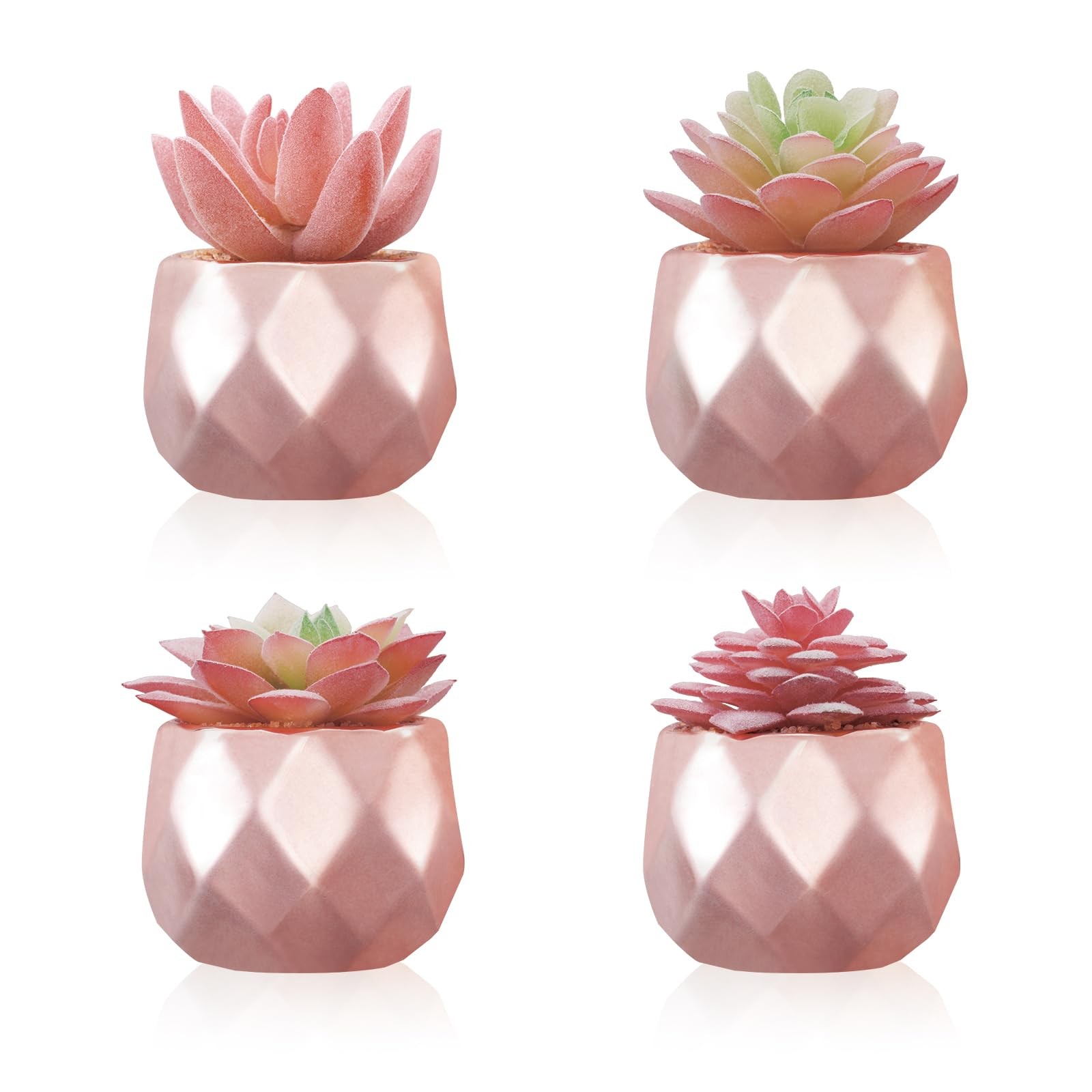 4 Pack Artificial Faux Succulents in Pots, Mini Rose Gold Fake Plants for Des…