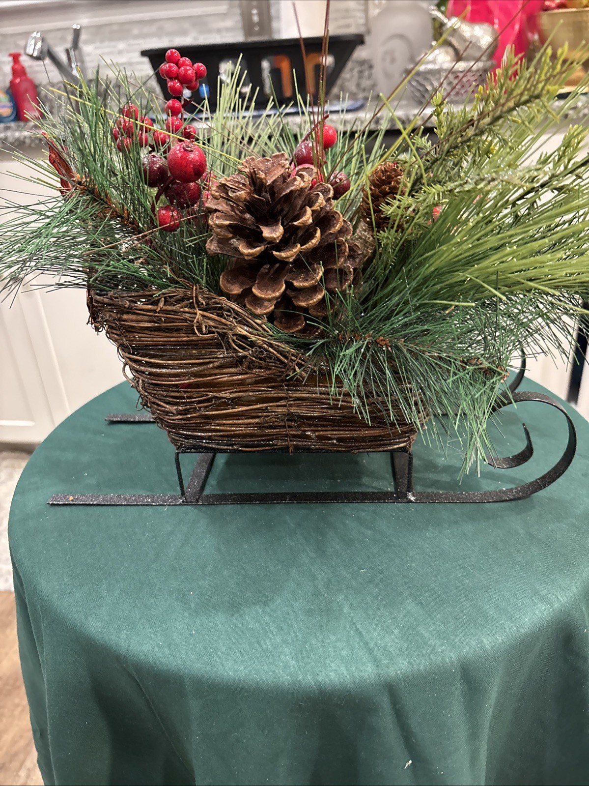 Holiday Sleigh Metal & Wood Mixed Floral Piece Pines Cones Berries Bow Preowned