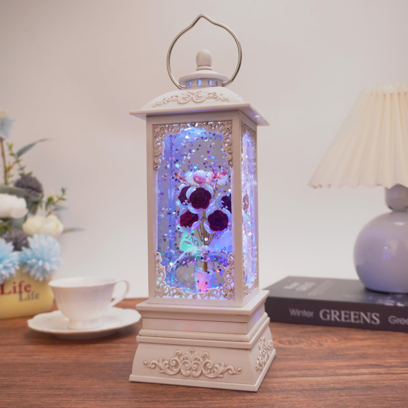 Red Rose Flower Snow Globe Lantern with RGB Color Changing Lights, Music & 6 …