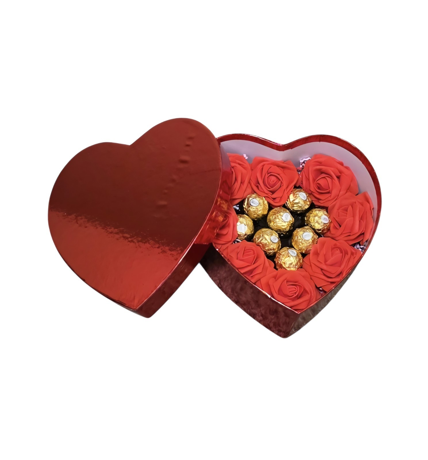 Floral arrangement with boxed chocolates, shape of heart, red flowers eternal
