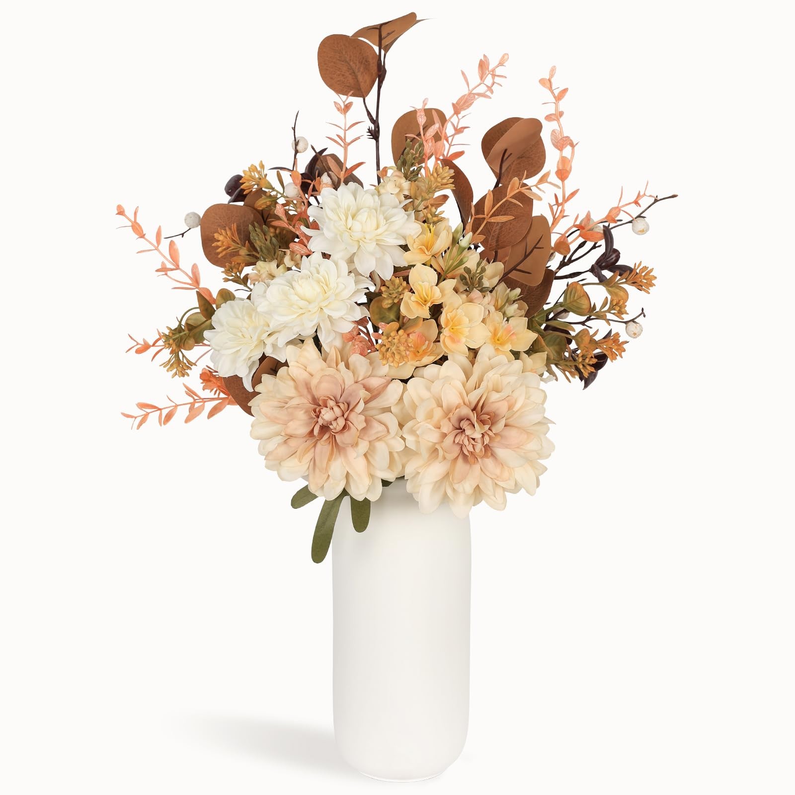 Artificial Fall Flowers Bouquet in Ceramic Vase, Faux Brown Flower Centerpiec…
