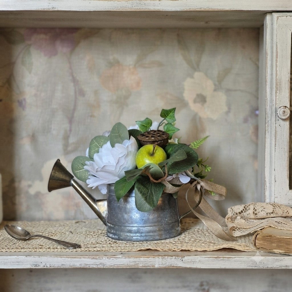 Floral Centerpiece, Vintage Metal Watering Can Cottagecore Faux Flowers