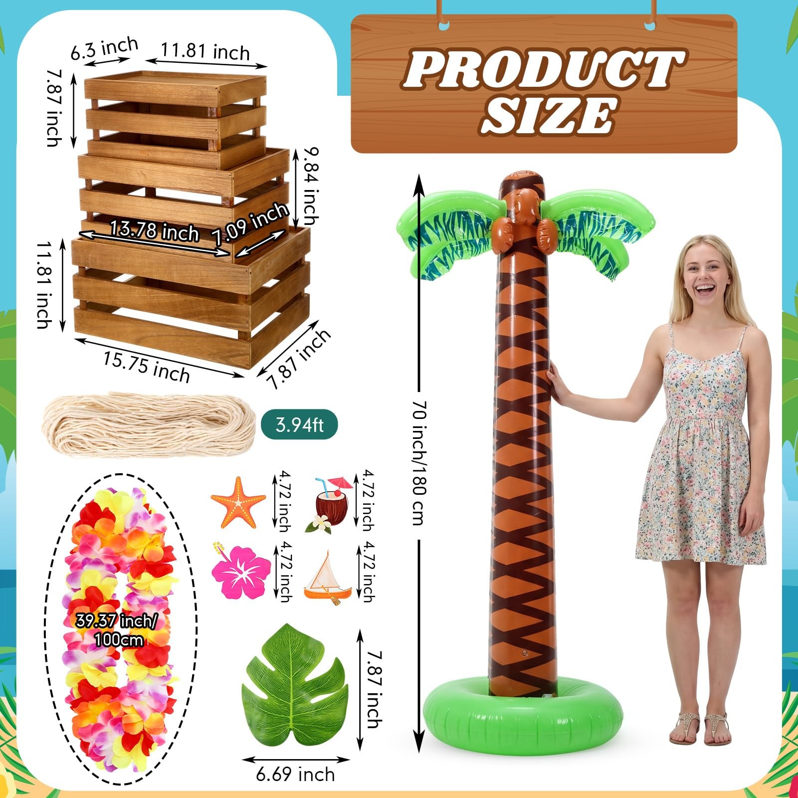 11 Pcs Hawaiian Party Decoration Set 70 Inch Giant Inflatable Palm Tree Woode…