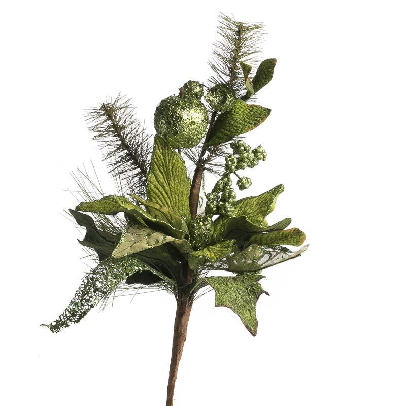 Set of 2 Green Sparkling Velvet Artificial Poinsettia and Fruit 17″ Picks