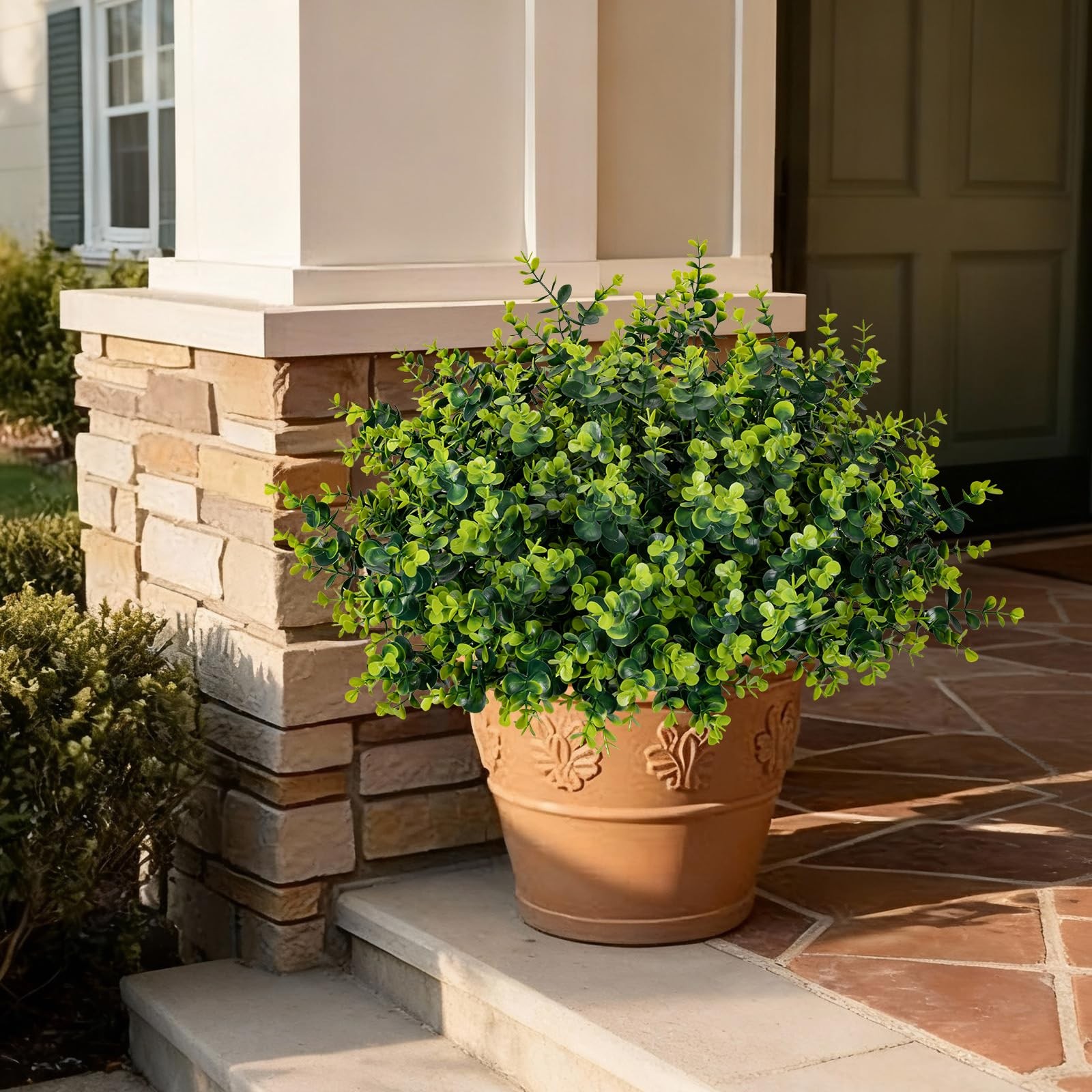 17 Inch Artificial Plants Outdoor Faux Shrubs Eucalyptus Boxwood Grass UV Res…