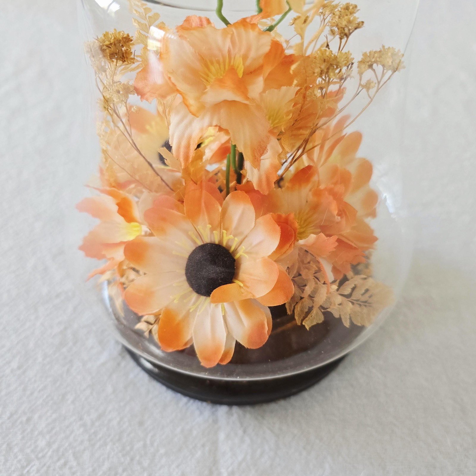 Vintage Kmart Orange Faux Floral Arrangement Glass Cloche, Bell Jar Dome on