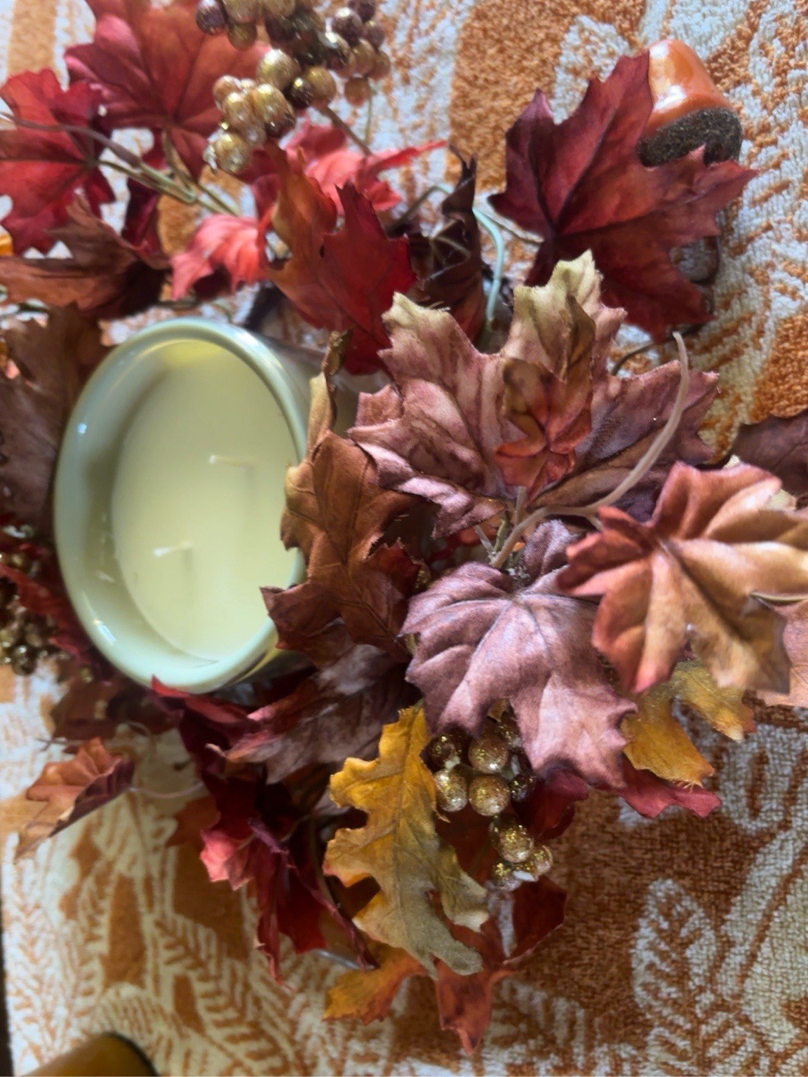 Fall Maple Oak Leaf Candle Ring Acorn Berry Wreath Harvest Centerpiece 6.5”