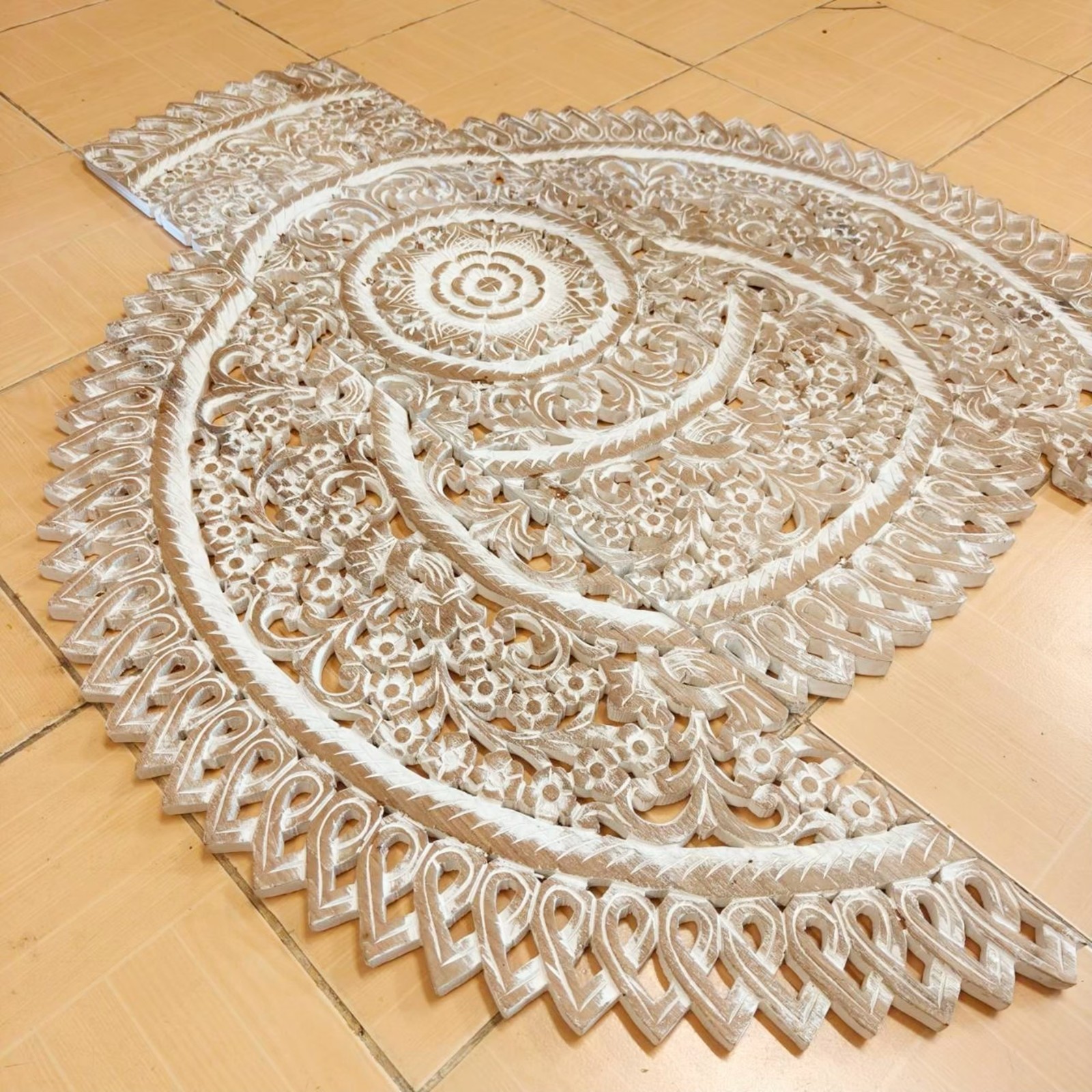 36″ Large Round White Mandala Wood Carving Wedding Decor Nursery Coastal Living