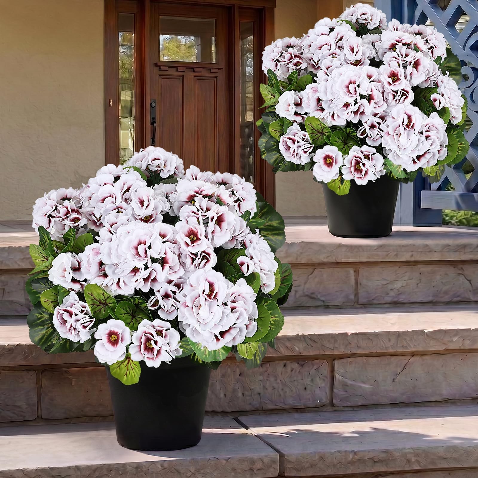 Set of 2 Artificial Geranium Potted for Outdoor, Pre-Made, White