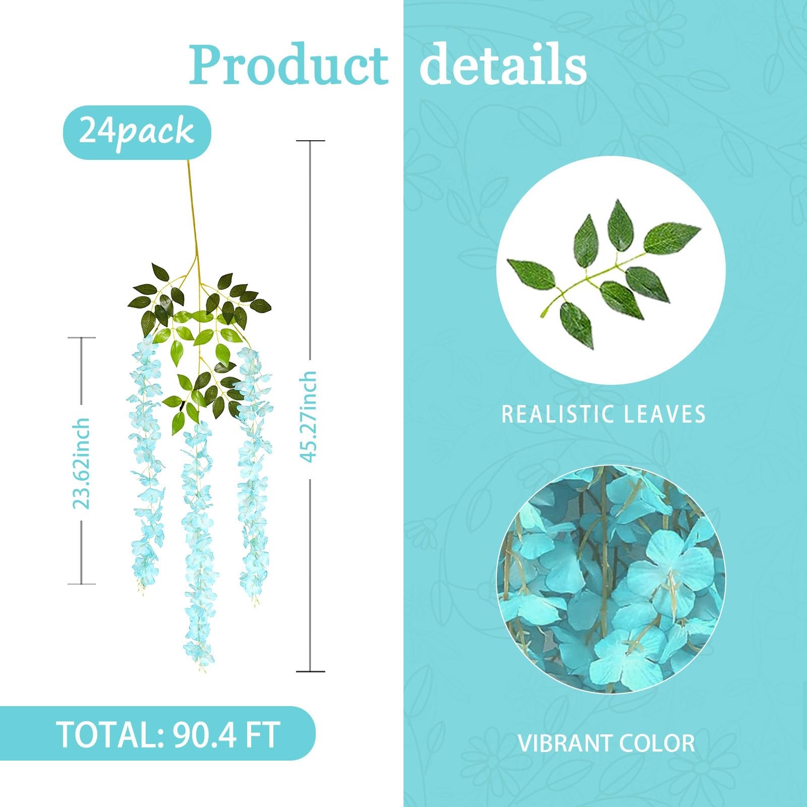 Luerbi 24 Pack Teal Wisteria Hanging Flowers Garland, 3.77 Feet Artificial Fl…