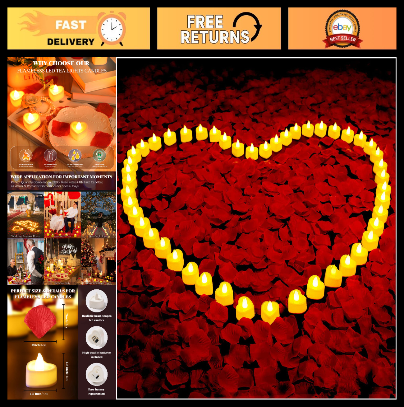 3000 Pcs Rose Petals & 48 Flameless LED Tea Light Candles Set for Weddings & Val
