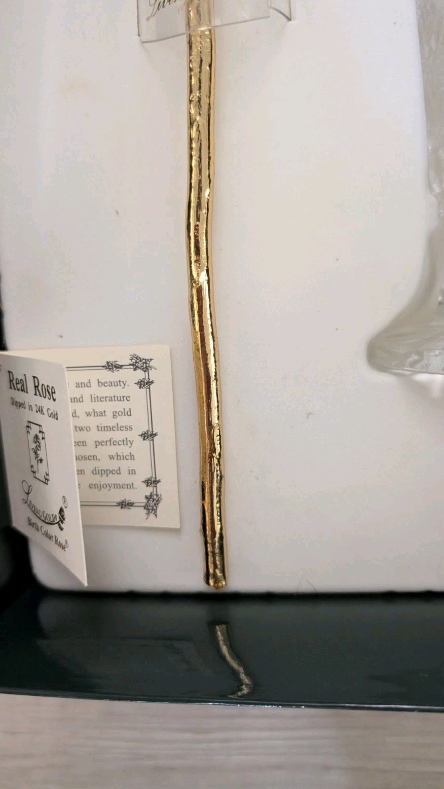 24K Gold Dipped Real Rose Emerald May Birthstone Living Gold in Box W/Vase 11″