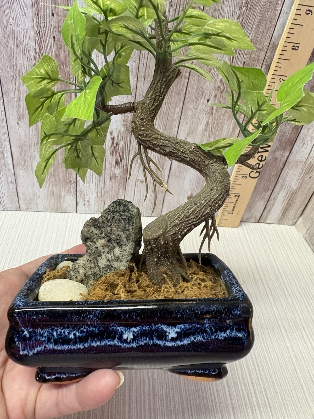 Artificial Bonsai Tree 8” Faux Plant In Vintage Blue 4×3 Pot FREE SHIPPING