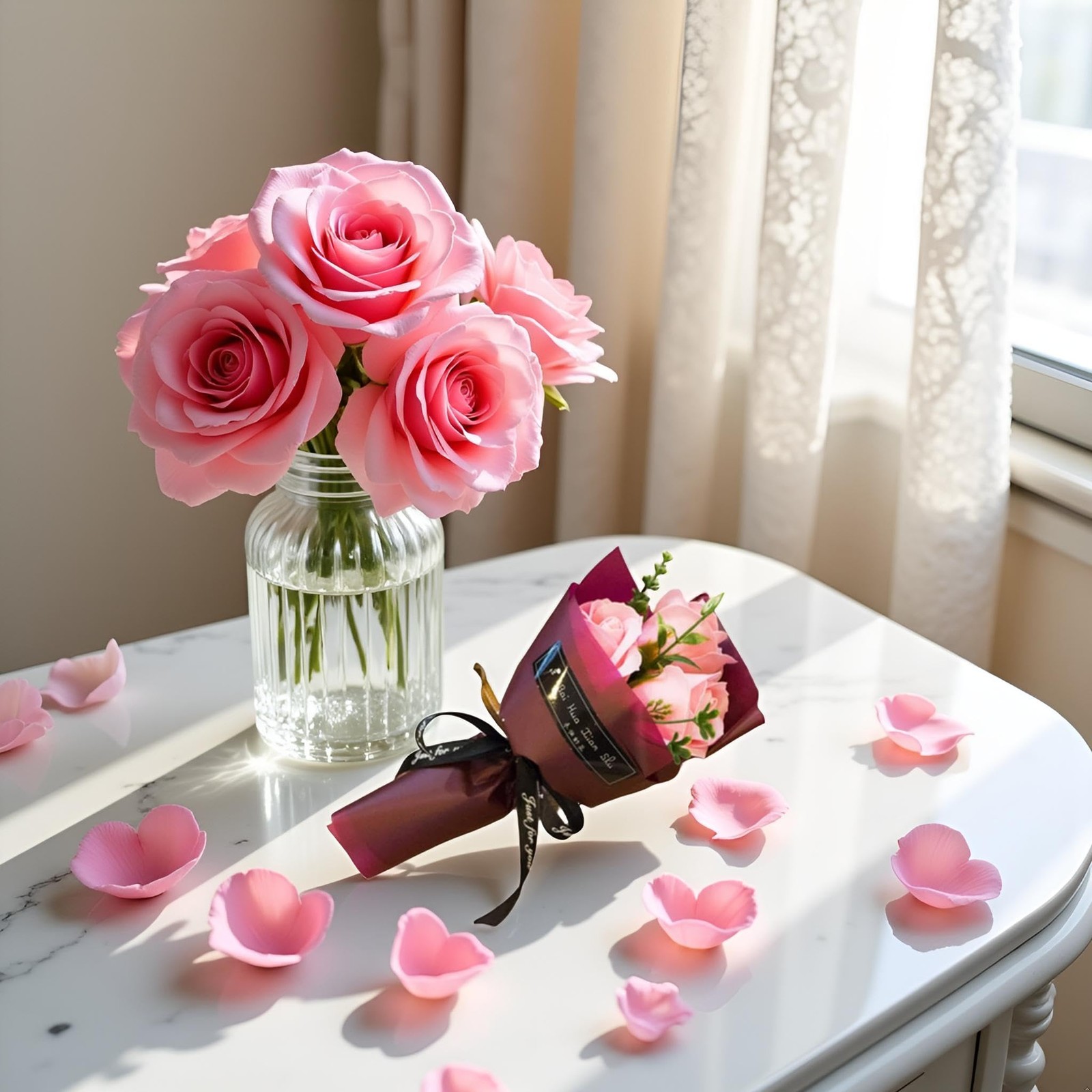 Light Pink 3 Heads Artificial Rose Bouquet Soap Flower Petals Valentine Day G…