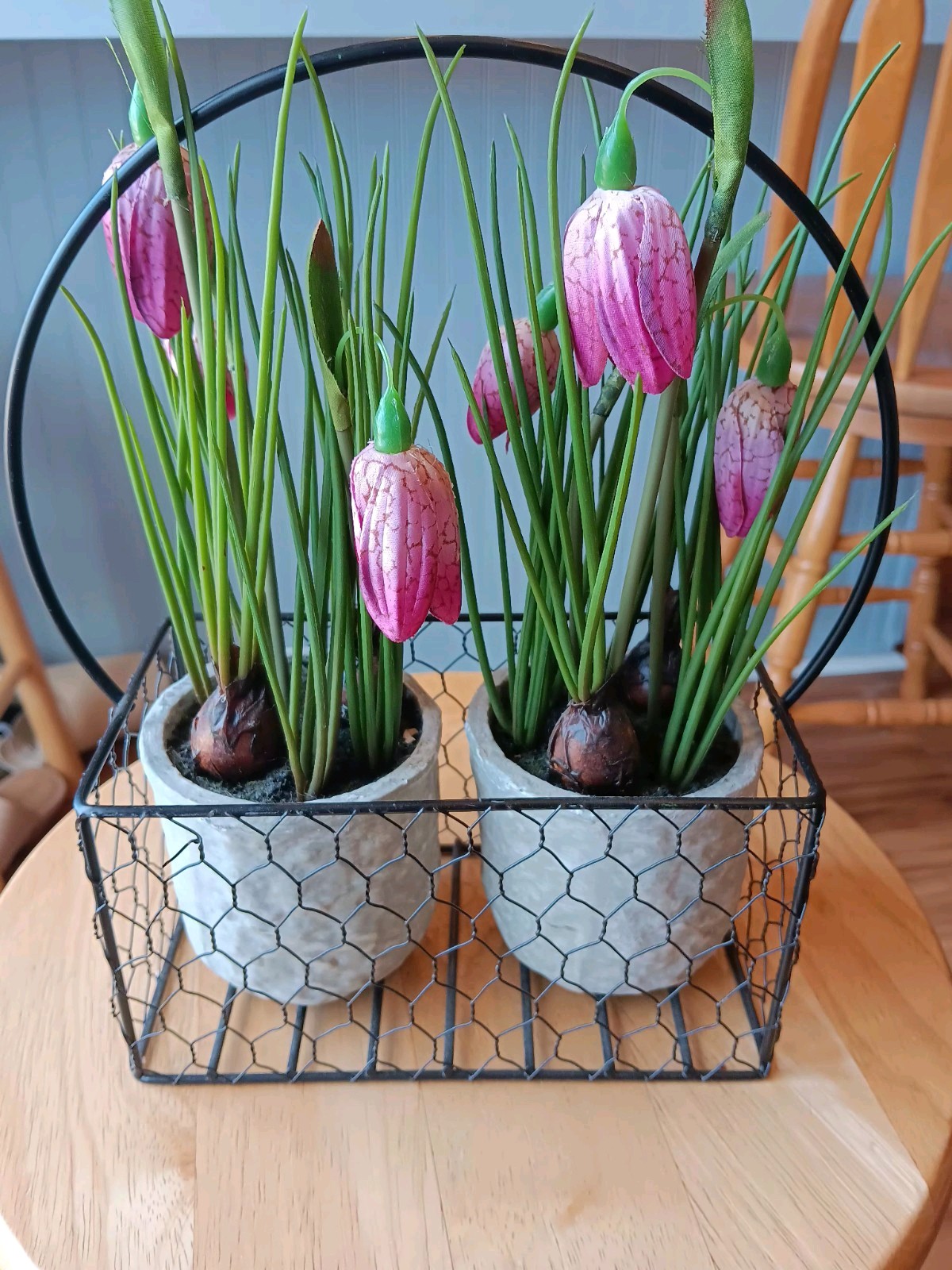 Decorative Wire Basket With 2 Faux Potted Flower Arrangments