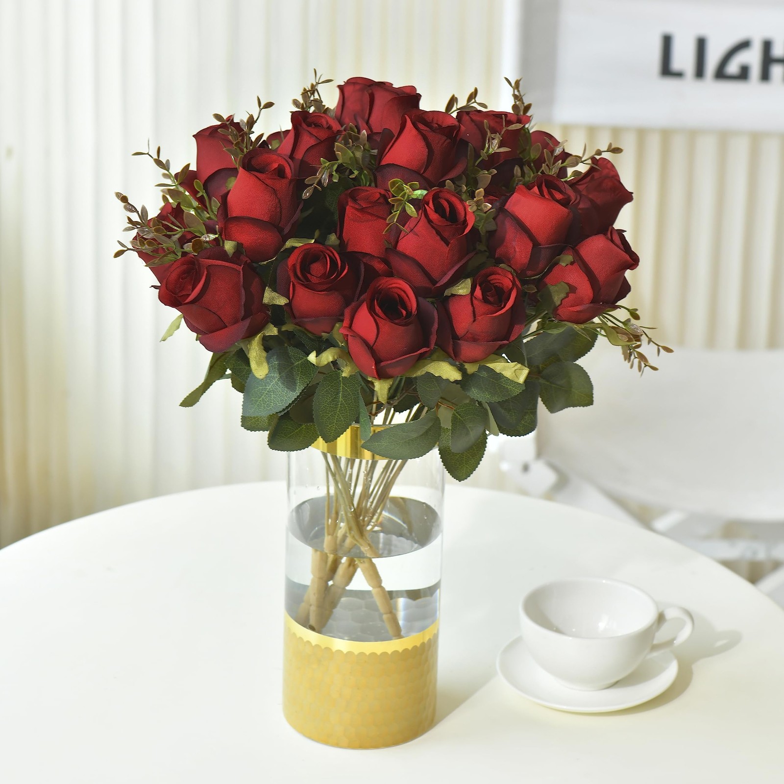 2 PCS Burgundy 12 Heads Artificial Realistic Silk Blossom Roses Fake Flowers