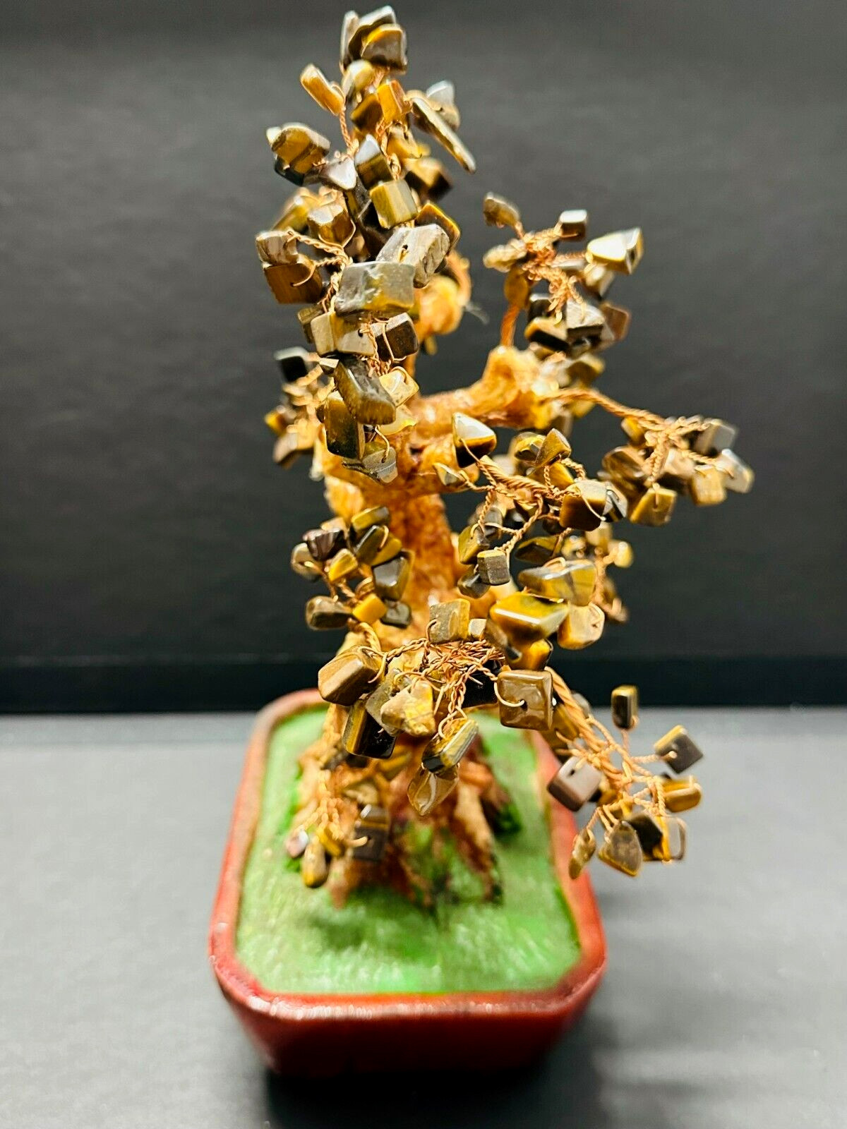 💕Vintage Twisted Copper Wire Bonsai Tyger Eyes Gemstone Tree Ceramic Pot 10″