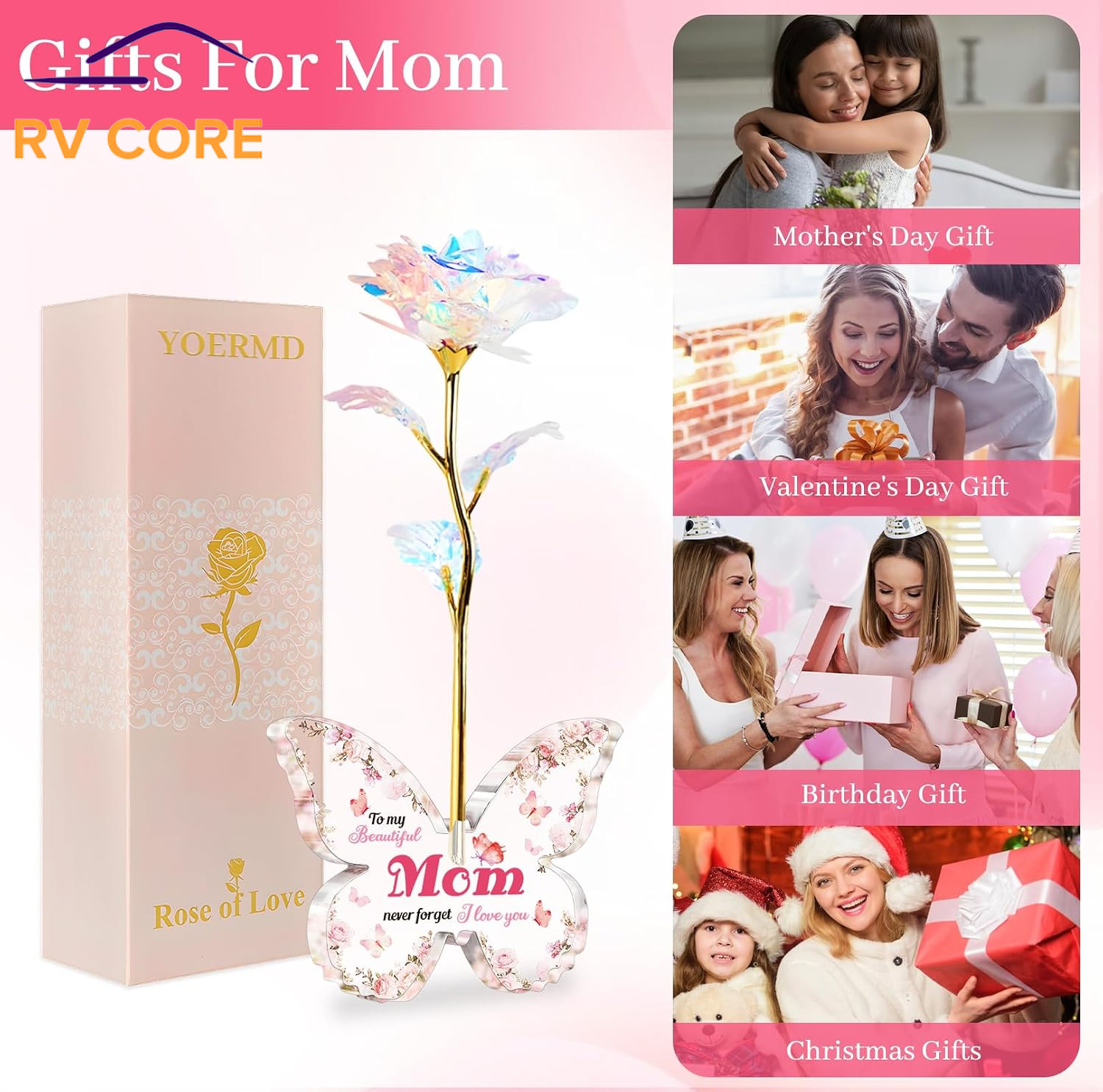 Pink Preserved Galaxy Rose Butterfly Stand Gift for Mom Mother’s Day Birthday