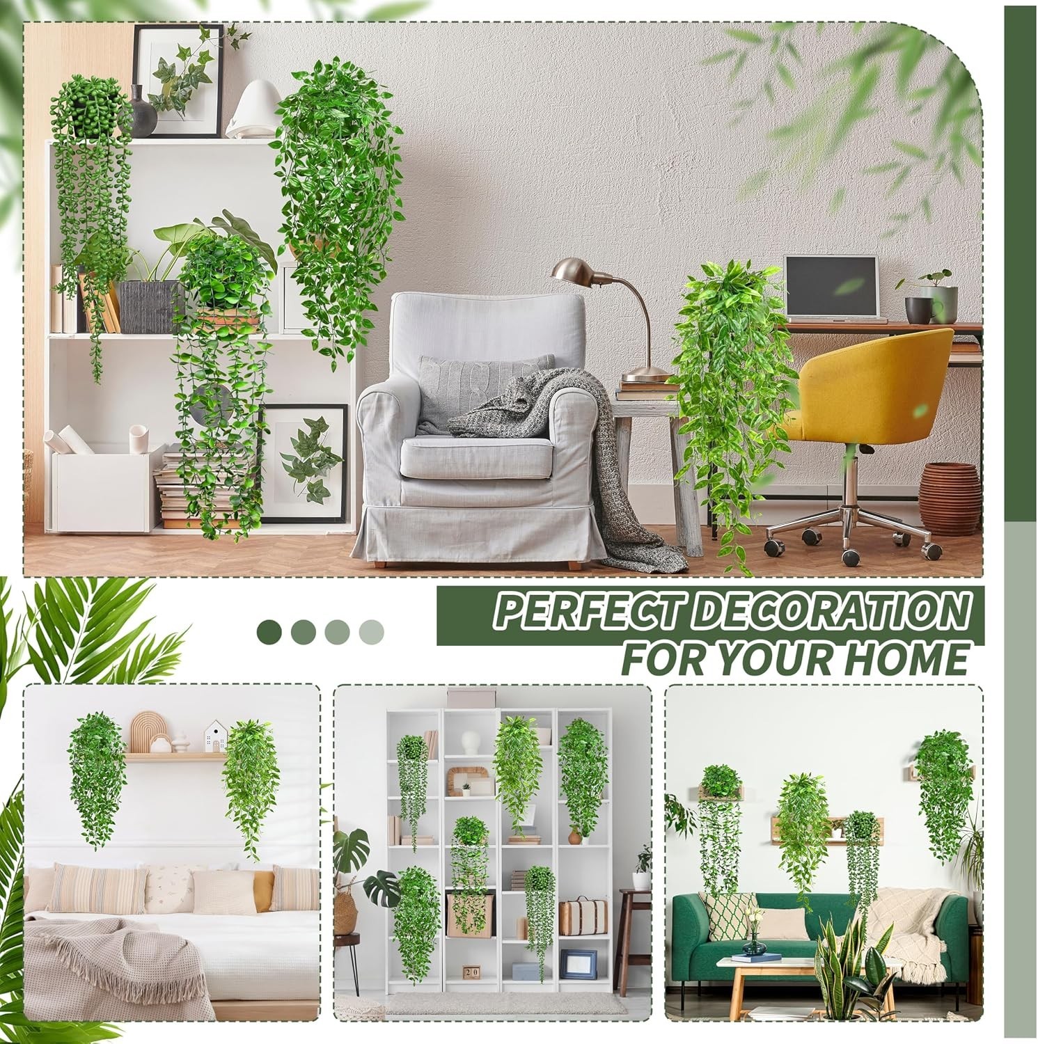 4 Pack Faux Artificial Hanging Plants, UV Resistant Fake Potted Greenery with…