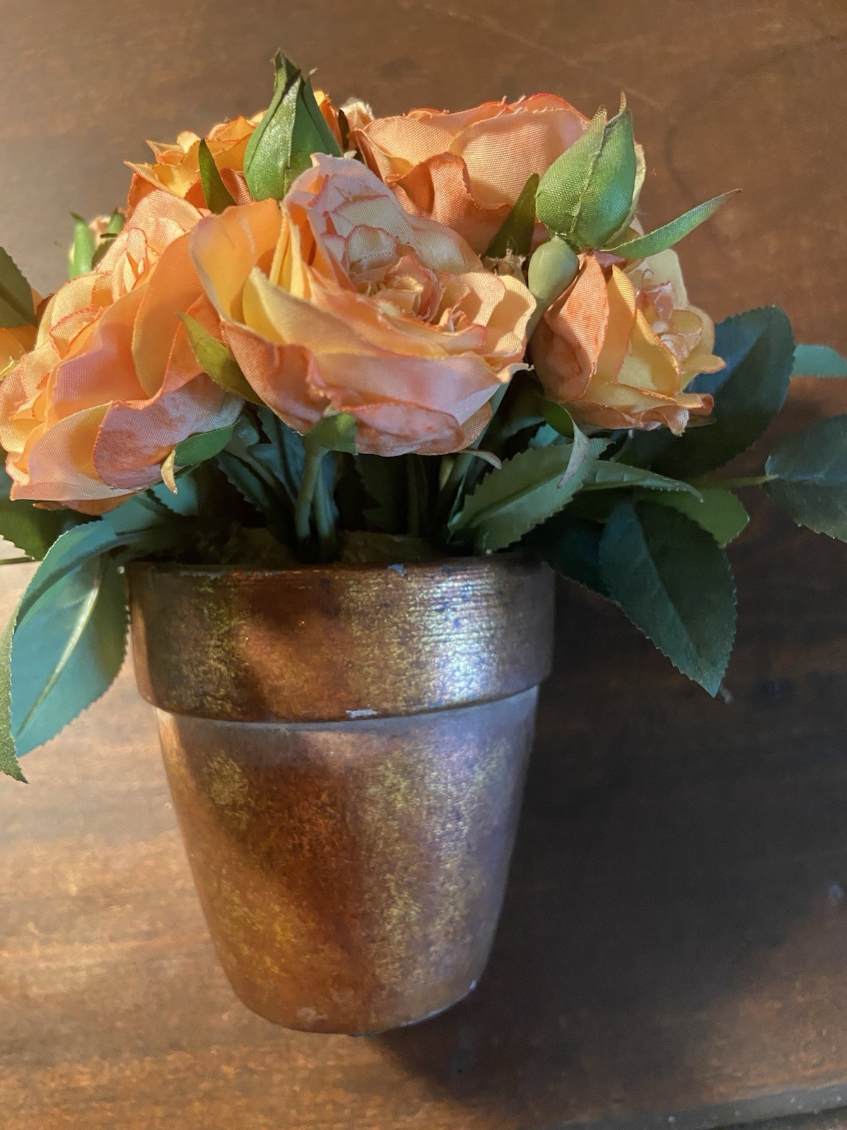 Faux Orange Rose Silk Floral Centerpiece 7 Inches Tall