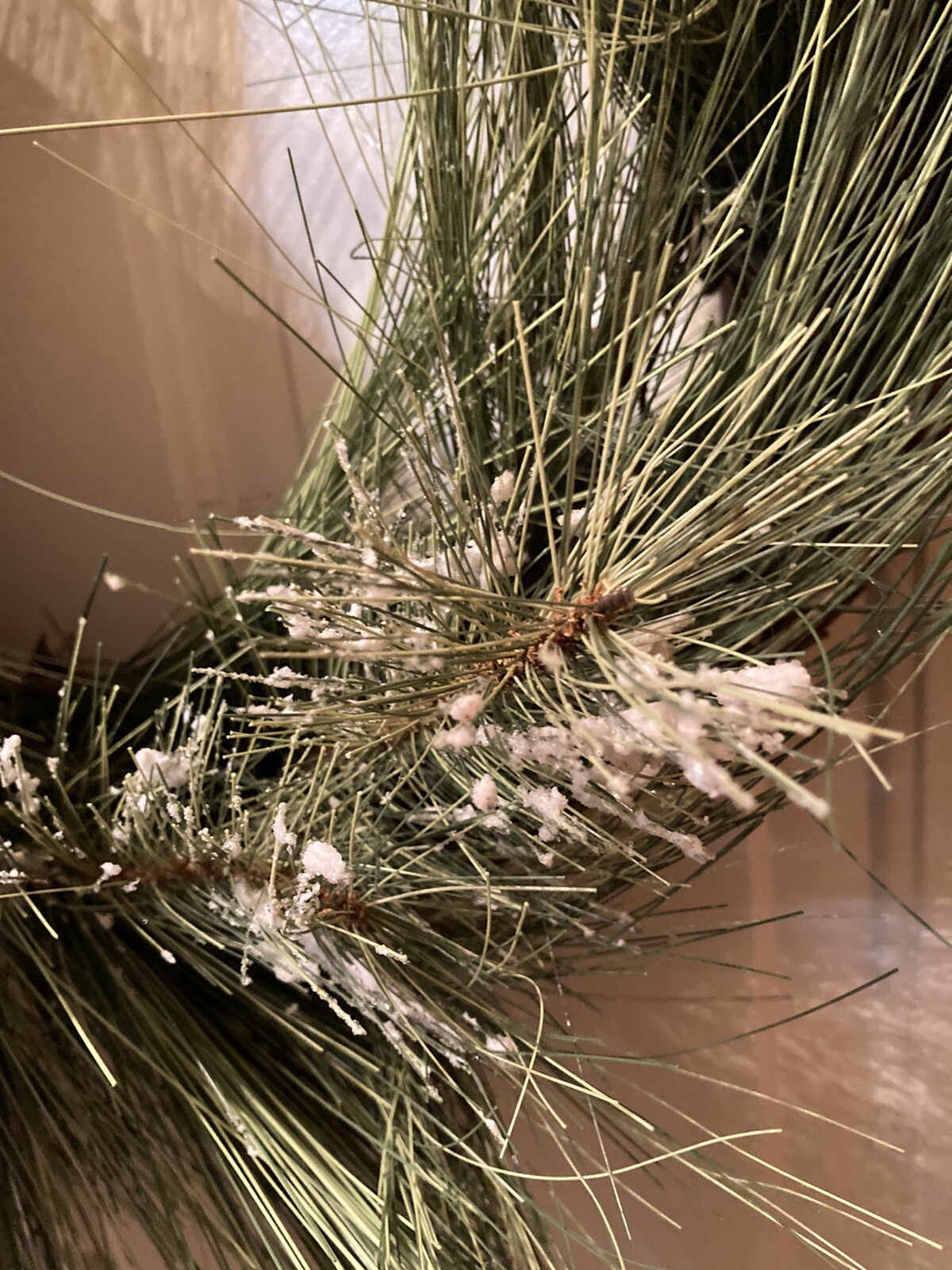 Long Snowy Needled Pine Wreath Wrapped In Exquisite Ribbon