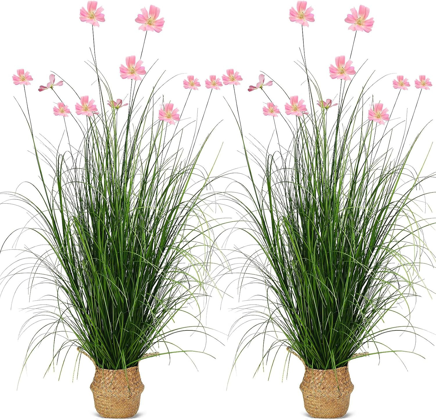 2 Pack 47In/4Ft Artificial Grass with Fake Flowers Faux Plants Outdoor Indoor Ta