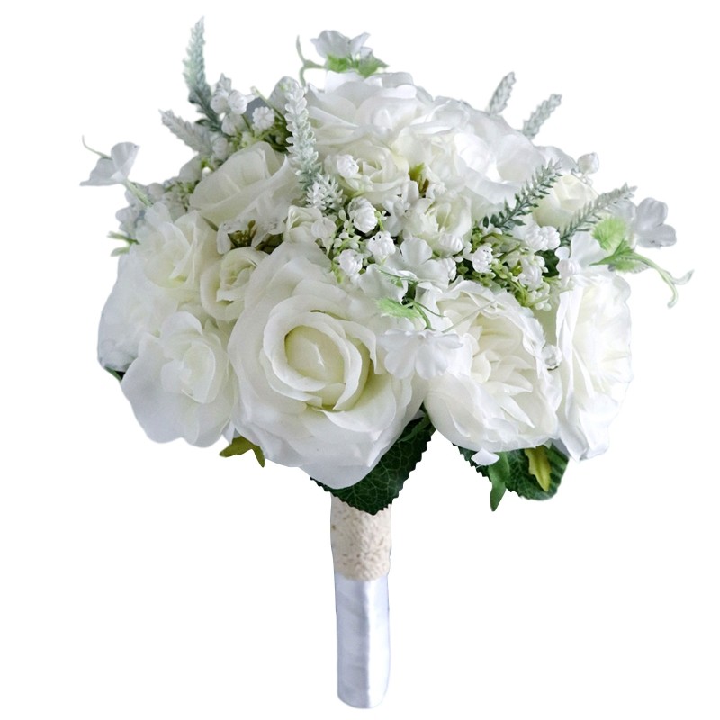 Artificial White/Pink Flower Bouquet with Green Leaves Fake Silk Floral