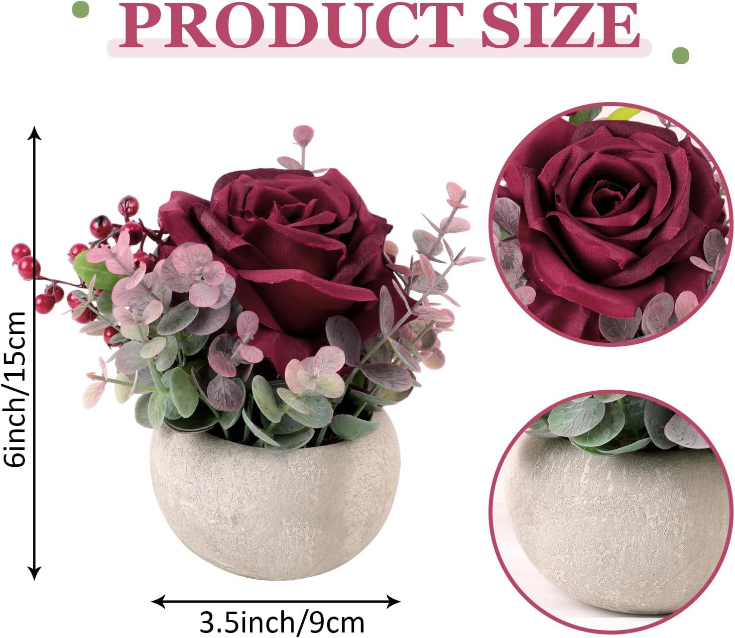 Faux Flowers in Pot, Burgundy Rose Artificial Flowers with Pot Small Potted Plan