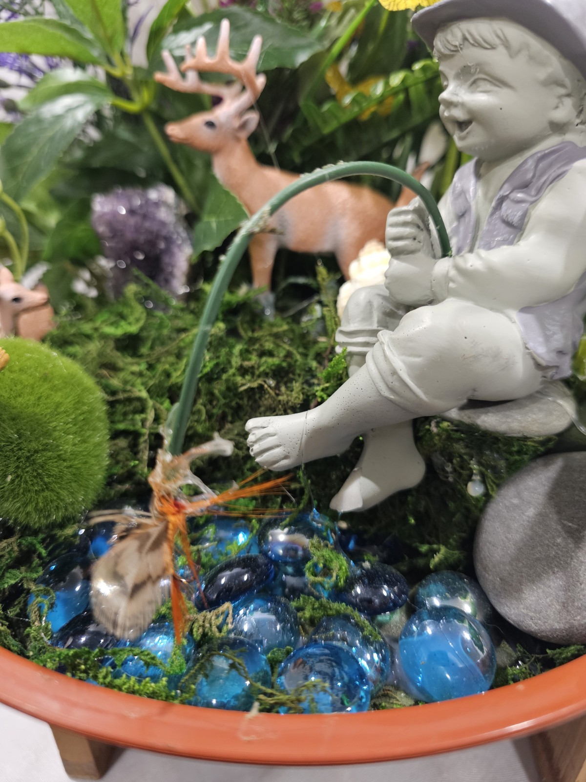 Dish Garden Artificial Flowers greenery Arrangement BOY FISHING deer other