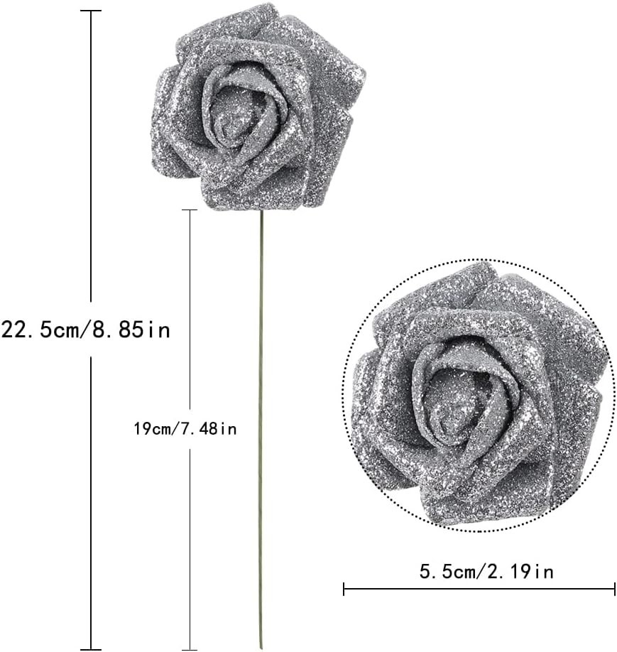 25PCS Silver Glitter Roses with Stems 2.19 Inch Foam Flowers for Home Decor