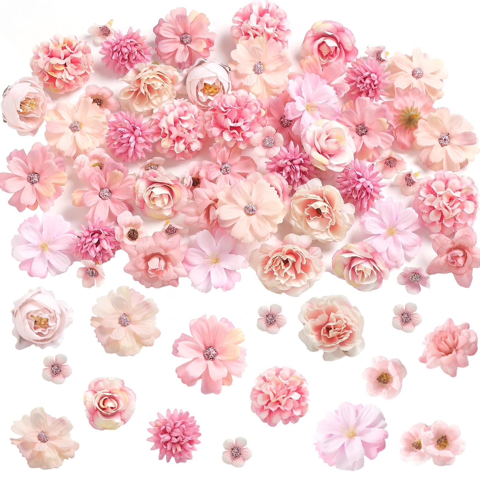 45 PCS Pink Small Silk Artificial Flower Heads Rose Daisy DIY Craft Mix