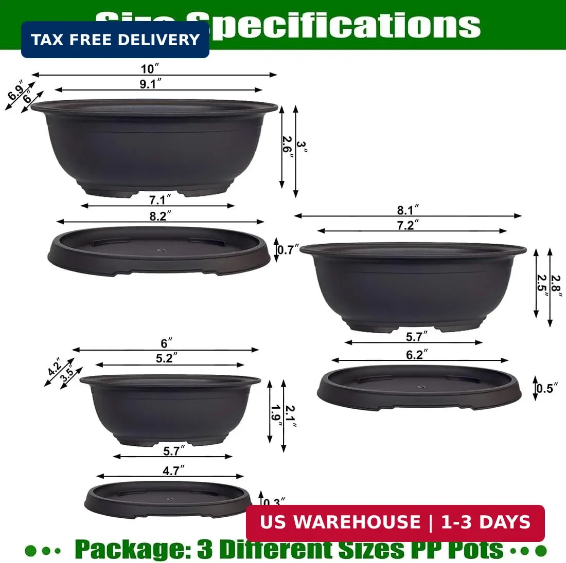 MUZHI 3 Pack Mixed Size Oval Bonsai Planter Pot with Drainage Tray, Matte Finish