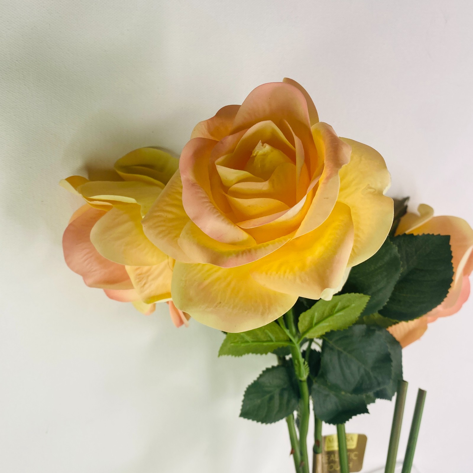 LOT 2 Mikasa Golden Yellow Pink Rose Artificial 24″ Realistic Copper Posable