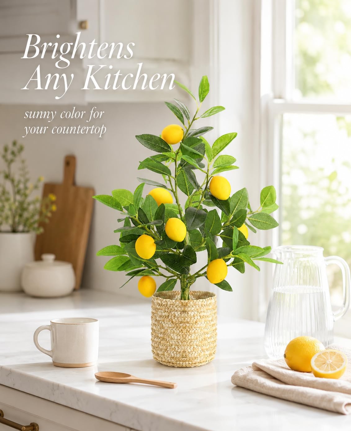 Artificial Lemon Tree with Woven Basket, Faux Lemon Decor for Kitchen and Hom…