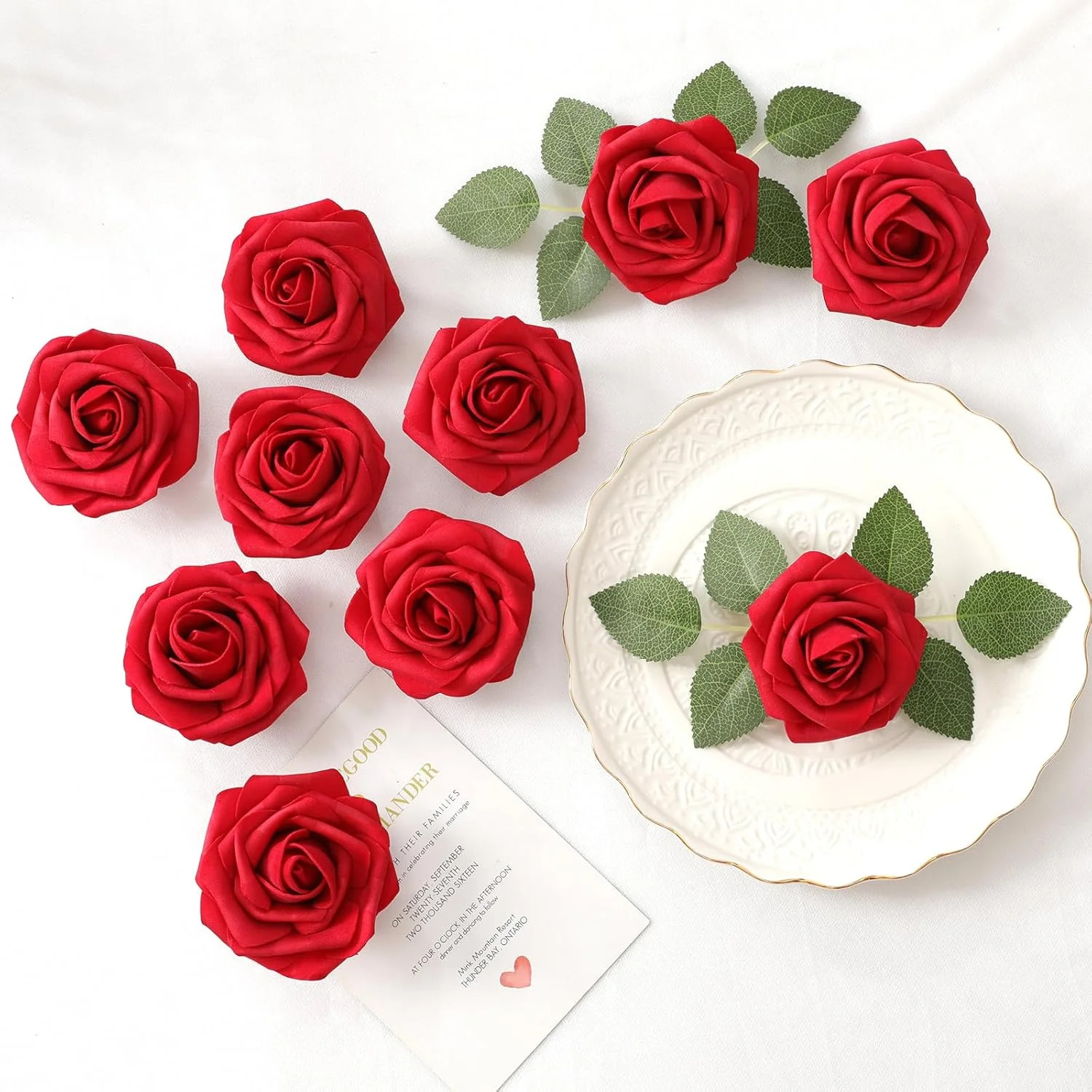 DerBlue 60pcs Artificial Roses Flowers with stem and 10pcs Green Leaves Real Loo