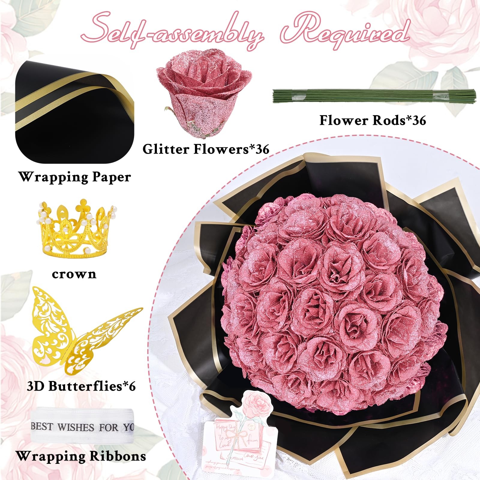 36 PCS Rose Gold Glitter Roses Bouquet DIY Flowers Gift For Women Mom