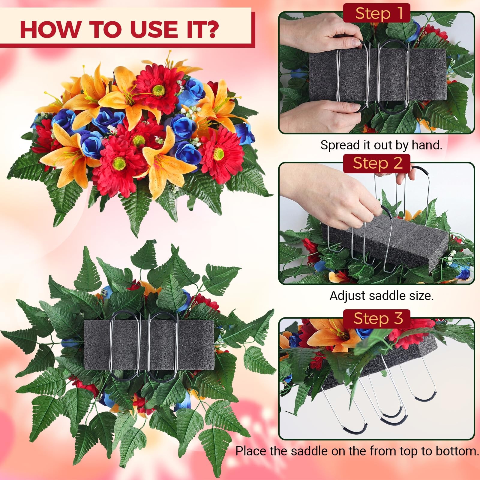 Artificial Cemetery Flower Saddles 3 PCS Lily Rose Gerbera with Vase for Grave