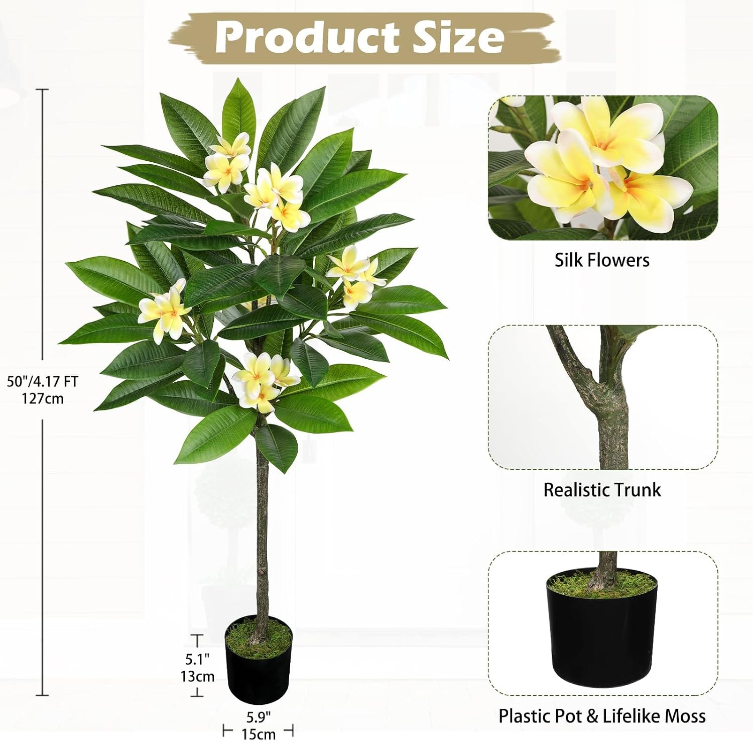 Artificial Plants Indoor 4.17ft Fake Tropical Plumeria Flowers Tree in Black Pot