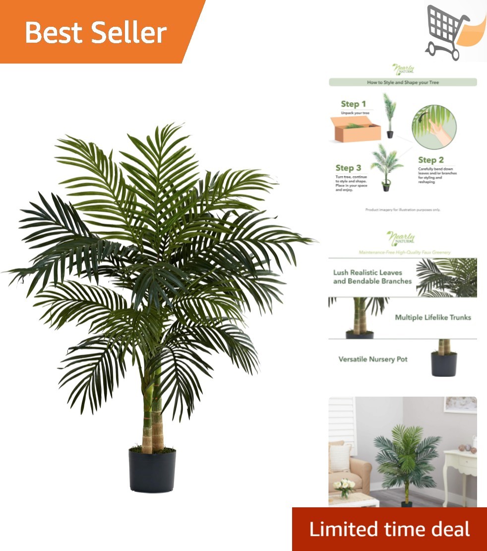 Artificial Golden Cane Palm Tree 4ft Indoor Decor Fake Plant Green Leaves