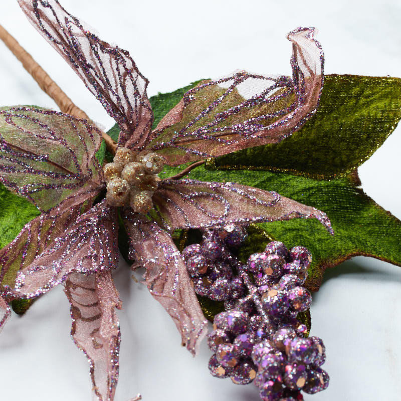Set of 4 Glitter Trimmed Lavender Poinsettia and Berry 15″ Picks