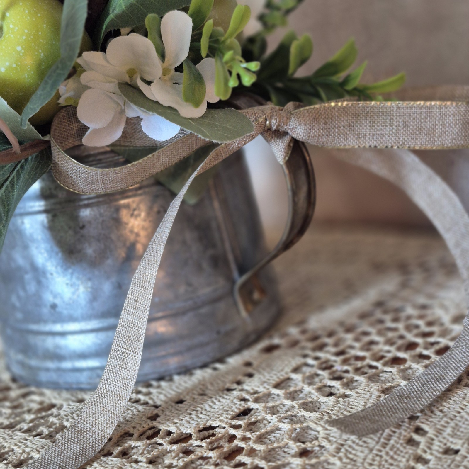 Floral Centerpiece, Vintage Metal Watering Can Cottagecore Faux Flowers
