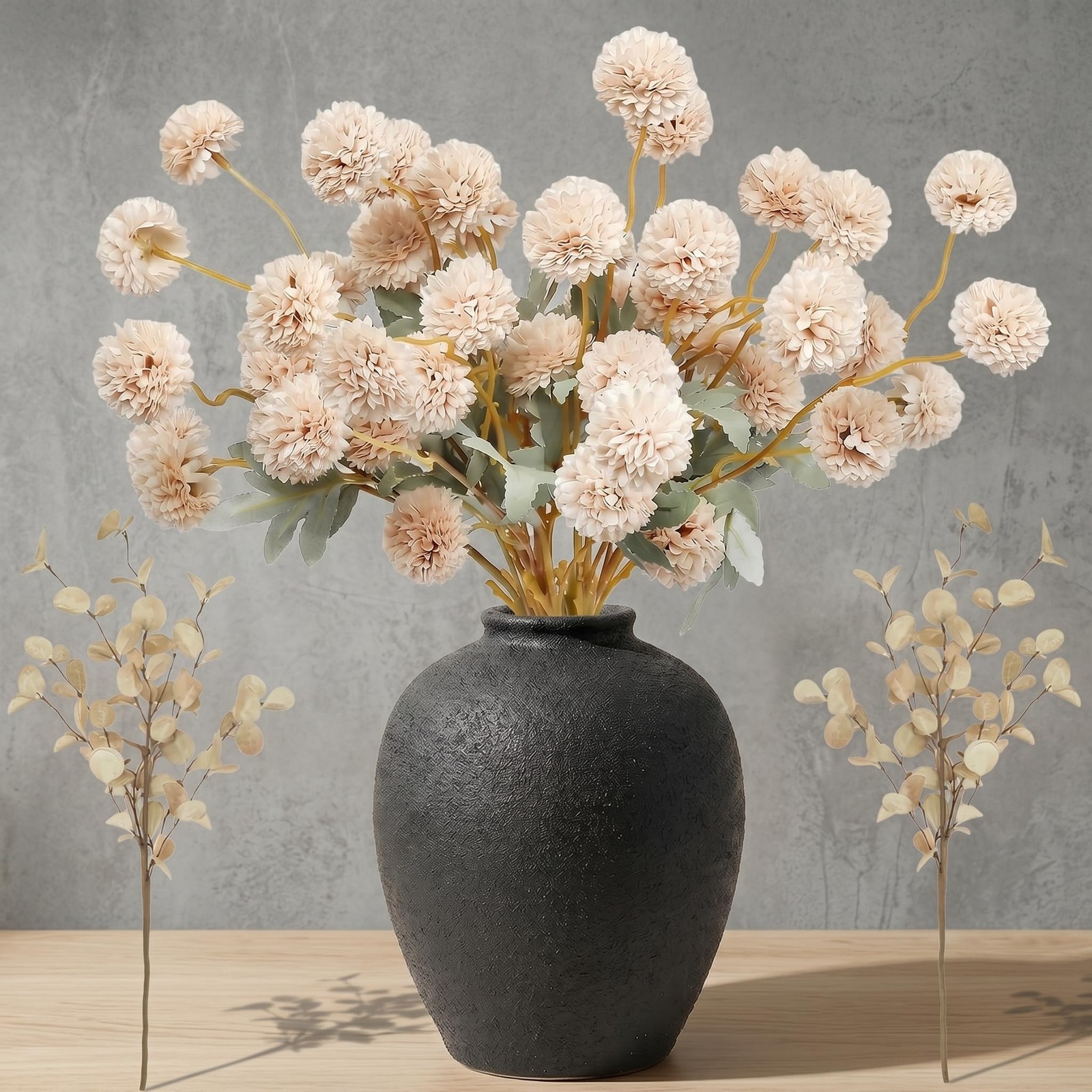 12 Pcs Beige Fake Flowers for Vase, 50 Heads Faux Silk Mums with Eucalyptus, …