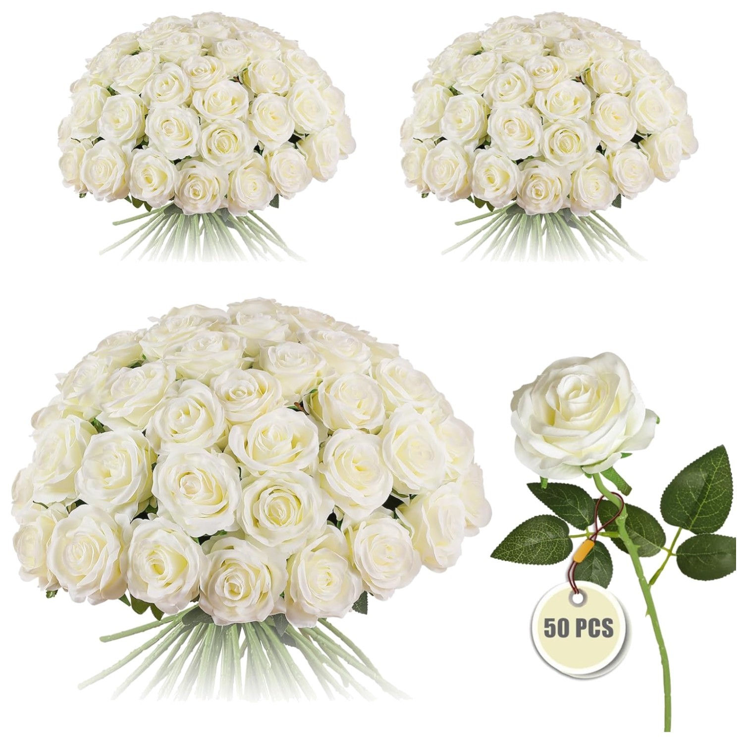 50PCS Silk White Roses – Realistic Bulk Flowers for Weddings