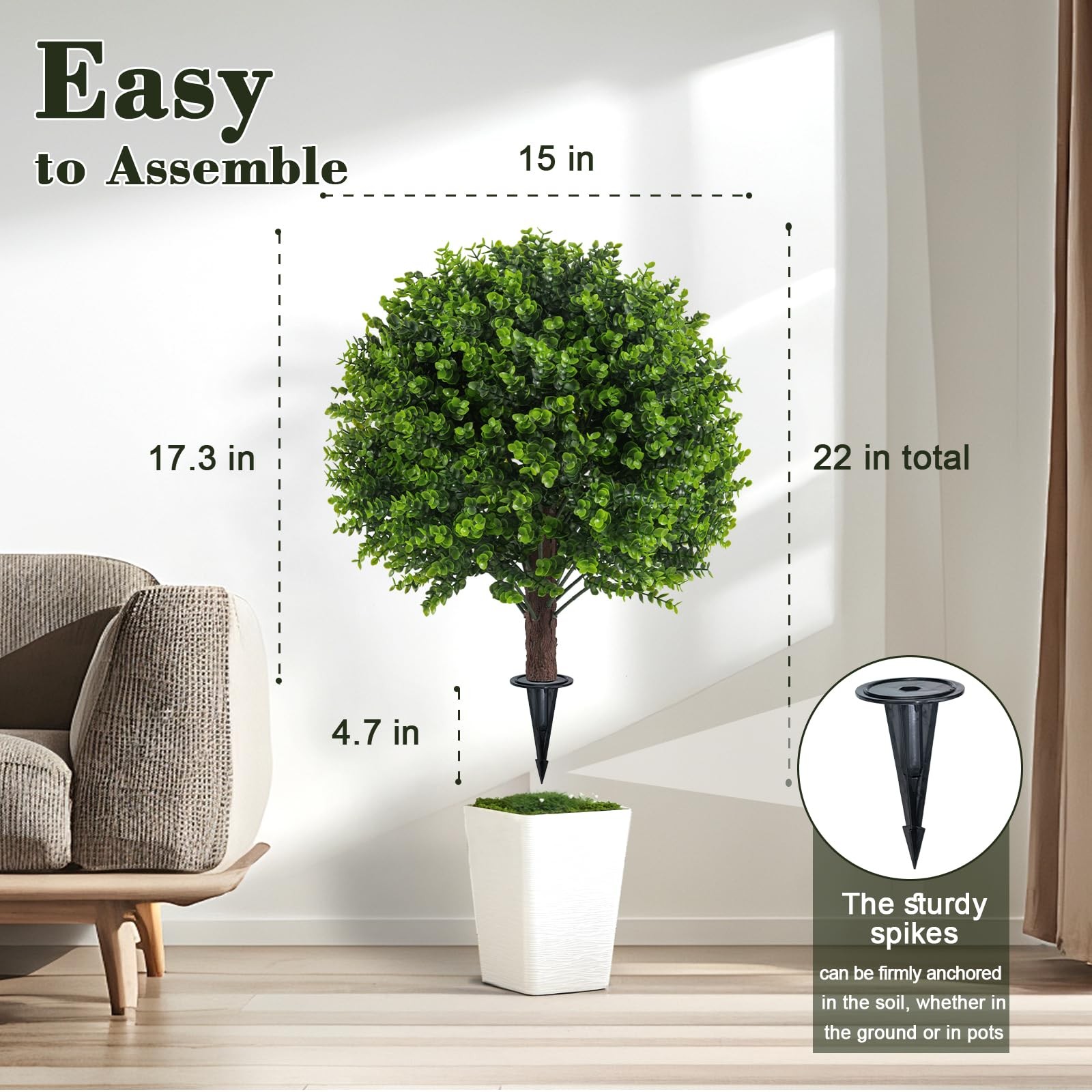 Artificial Boxwood Topiary Outdoor Plants with Spike, 2 Pack Faux Bushes UV R…