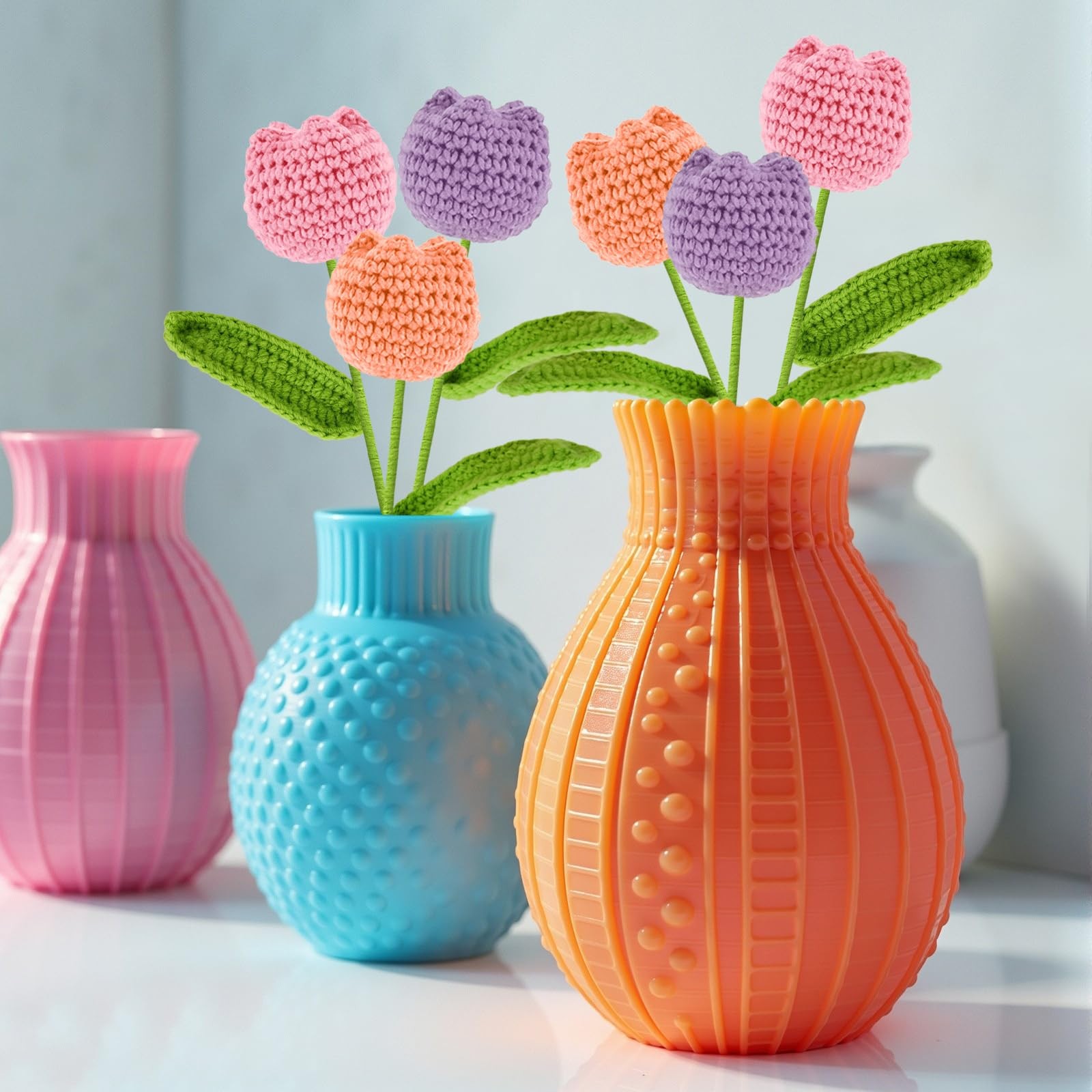 Crochet Tulips Flowers Knitted Bouquet Office Home Car Decoration Fake 6 PCS