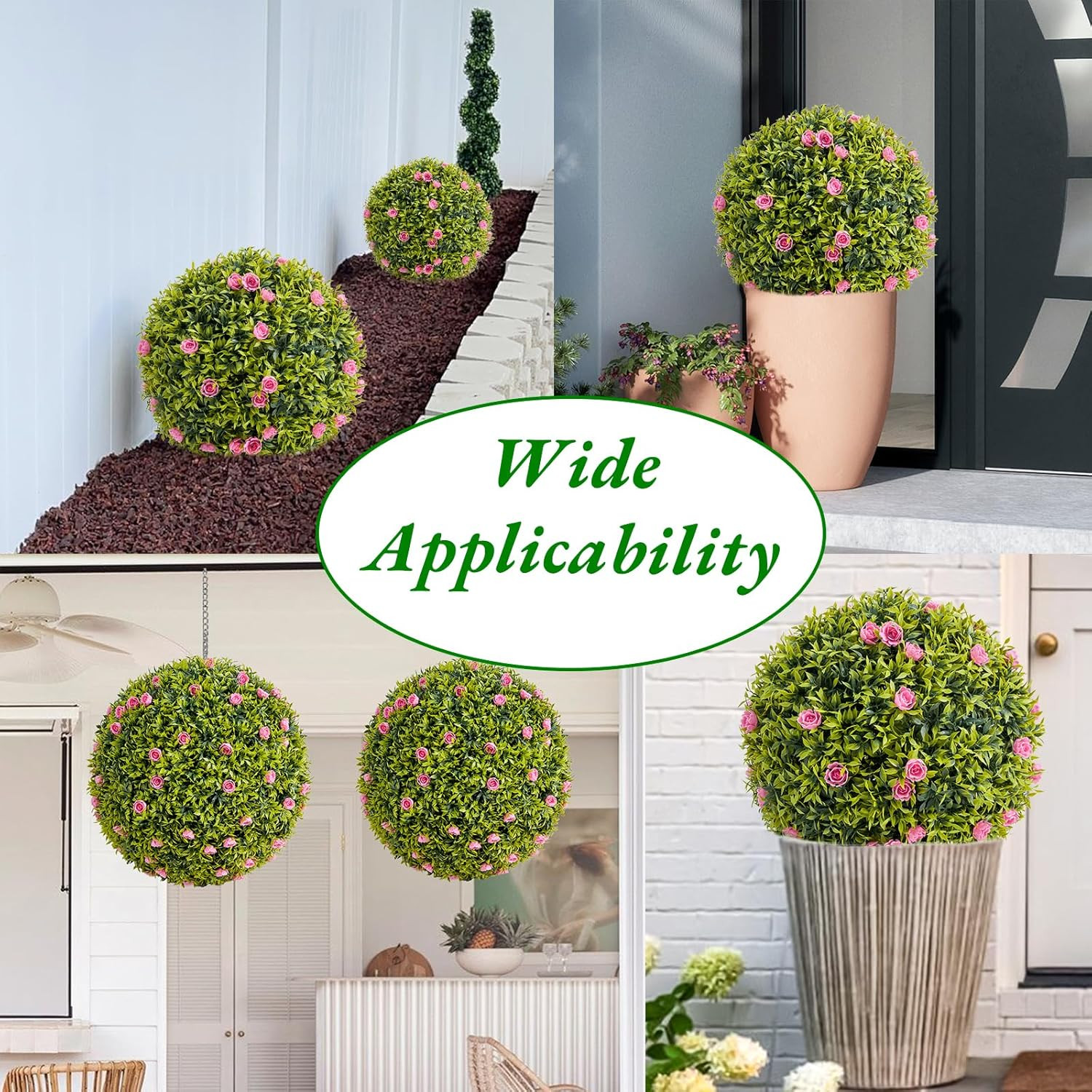 22.4″ Faux Boxwood Topiary Balls with Pink Flowers – 2 Pack for Home & Garden
