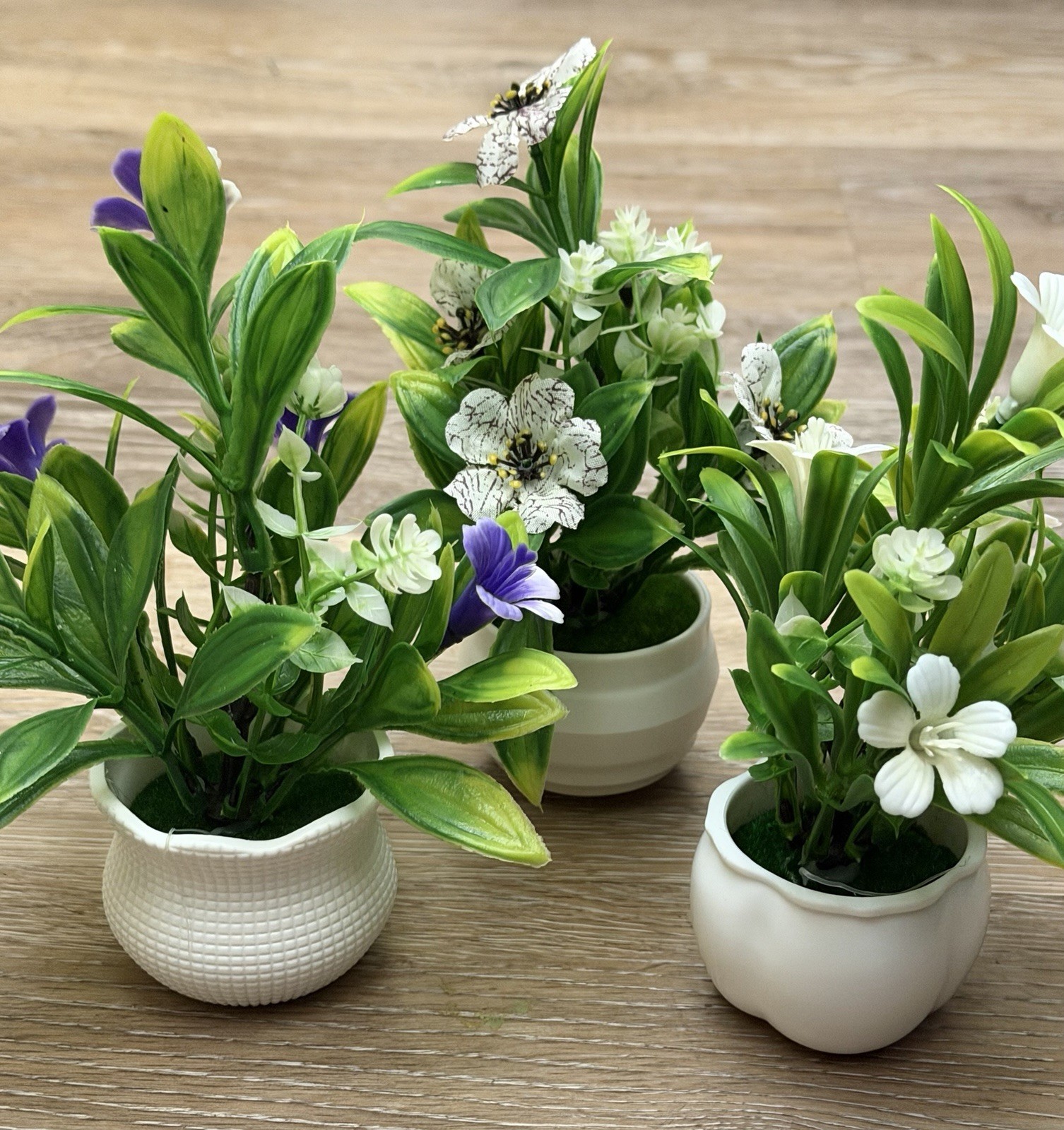 Set of 3 Artificial Flower & Greenery Plants in White Pots – Home Décor (SKU 001