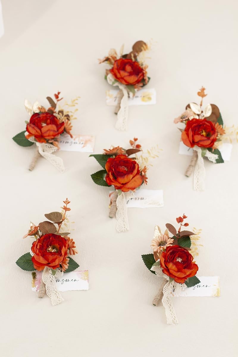 Set of 6 Burnt Orange Boutonniere for Men for Wedding, Groom Groomsmen Bouton…