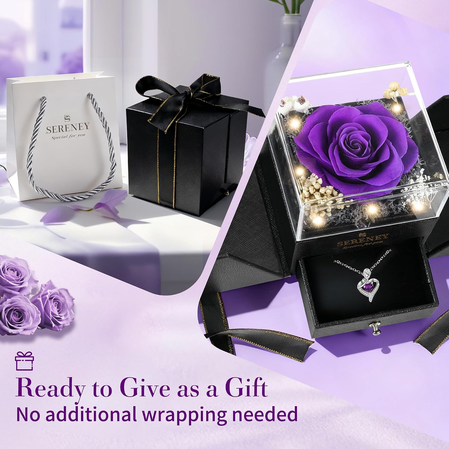 Preserved Purple Flower Rose with Necklace, Forever Flowers Eternal