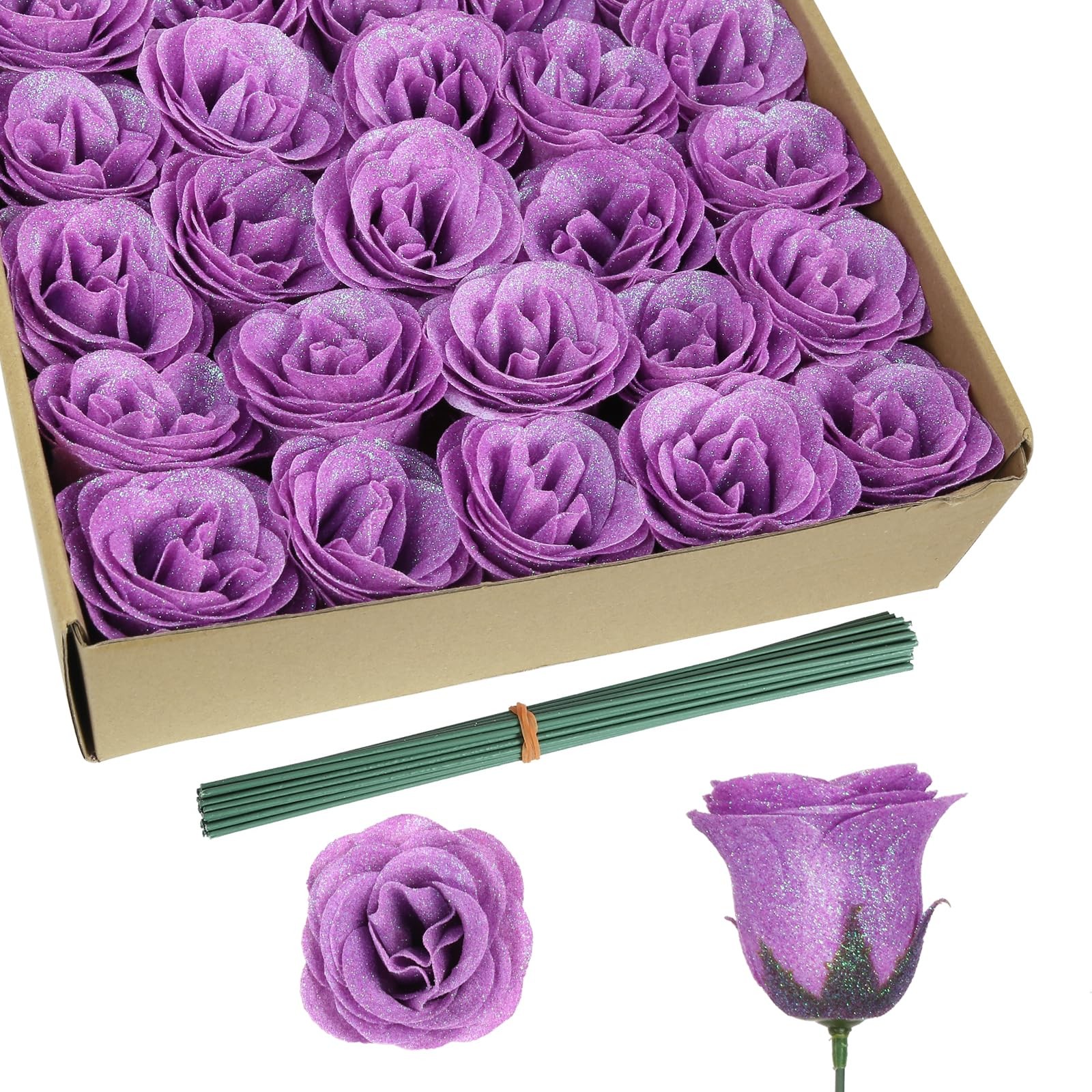Rzoukler 30PCS Purple Glitter Roses Artificial Flowers Fake 12 inches,